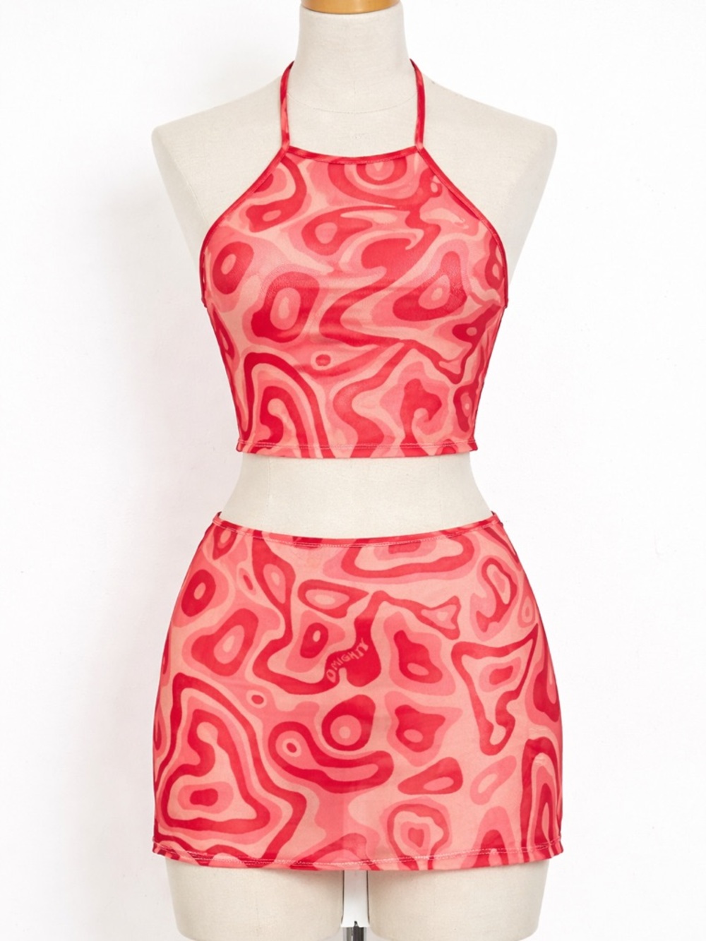 OMIGHTY | Pink | Mesh | Halter Top & Mini Skirt Set | Y2K | Sheer | Festival